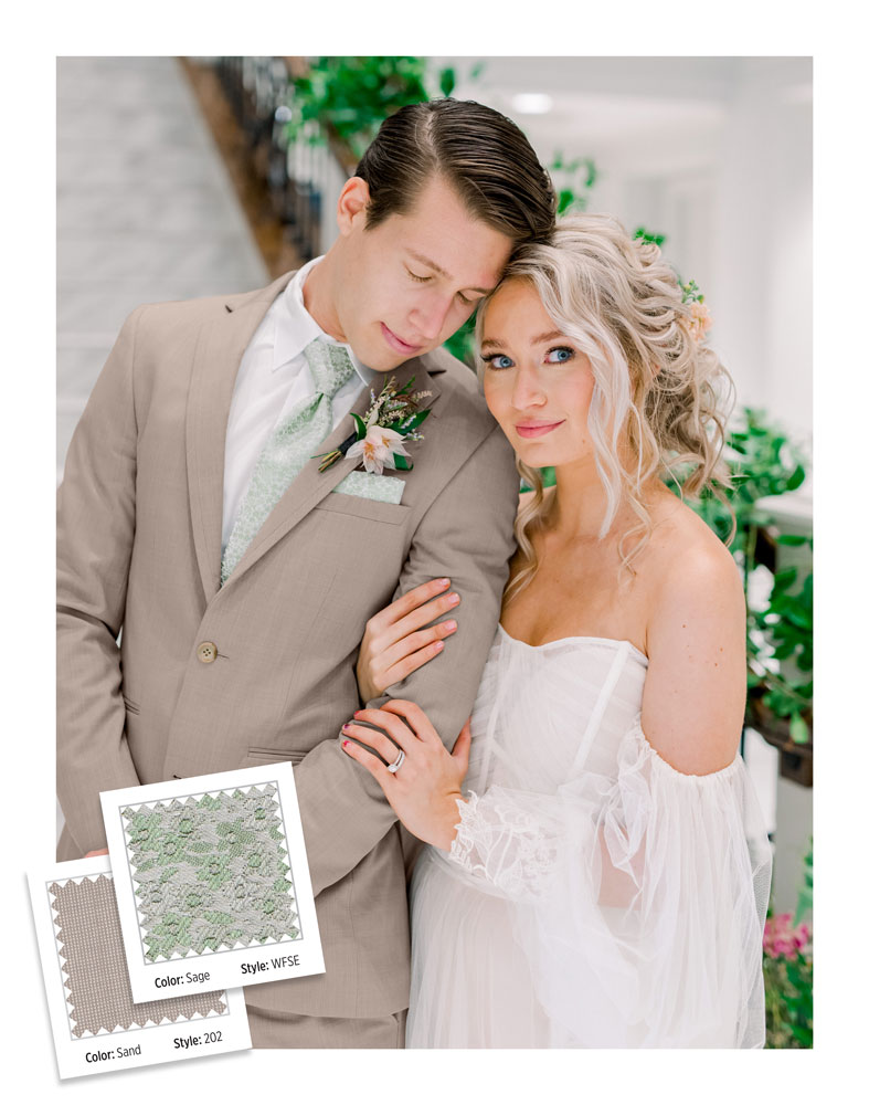 bride standing in front of a groom in a tan suit and sage colored floral tie with tan and sage swatch samples layered on top of the image