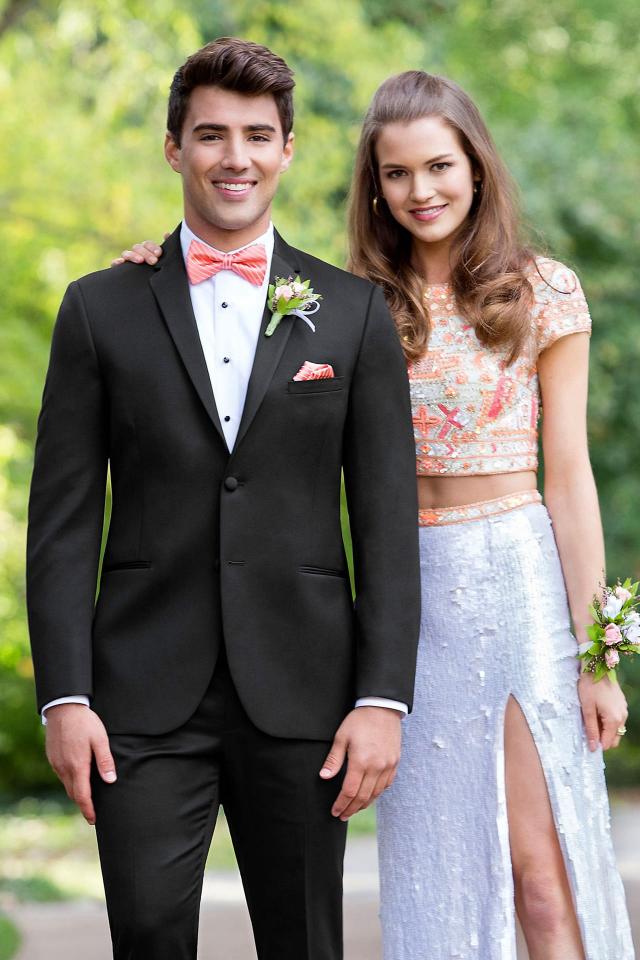 Prom Tuxedo Black Michael Kors Berkeley with Coral Striped Bow Tie