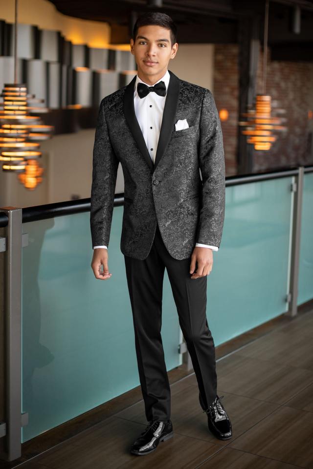 Senior at the prom in a Prom Tuxedo Granite Paisley Mark of Distinction Aries