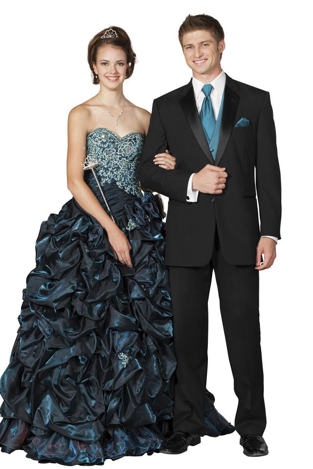 Prom queen holding her date's arm, who is in the Black Troy Quinceanera Tuxedo.
