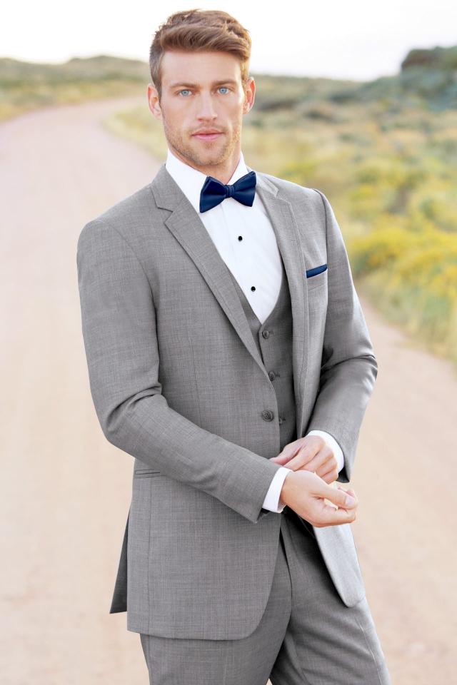 Wedding Suit Heather Grey Allure Men Clayton with Matching Fullback Vest and Navy Bow Tie