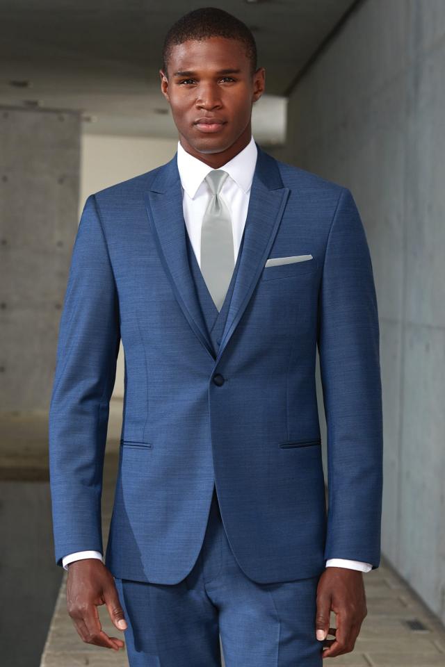 Wedding Tuxedo Indigo Blue Ike Behar Lane with Matching Fullback Vest and Platinum Windsor Tie