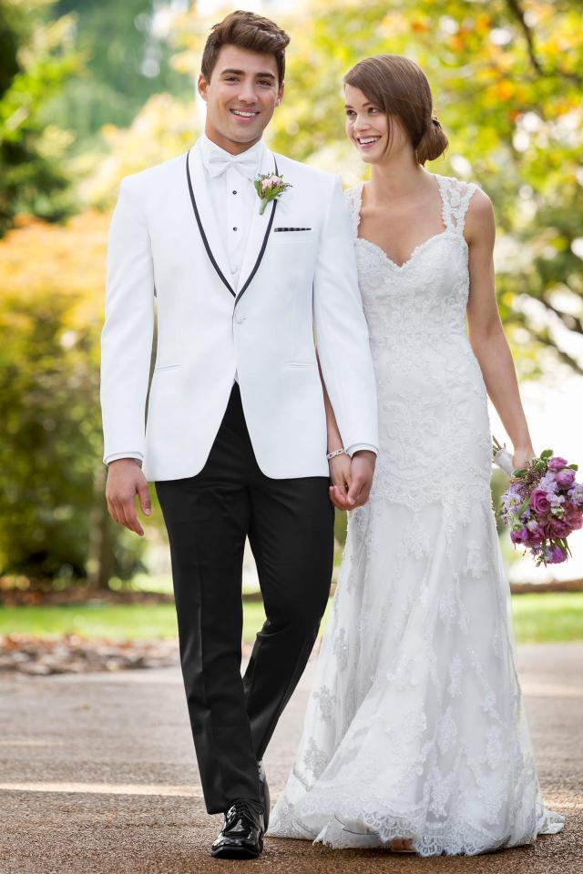 Wedding Tuxedo White Ike Behar Waverly with White Expressions Fullback Vest and White Striped Bow Tie