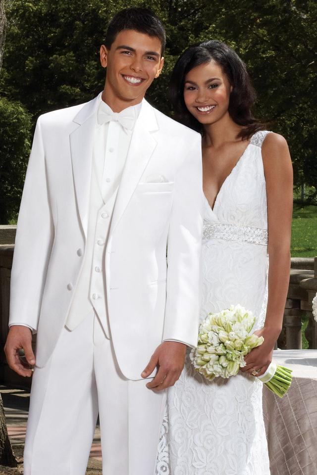 Couple out side wearing the Wedding Tuxedo White Troy