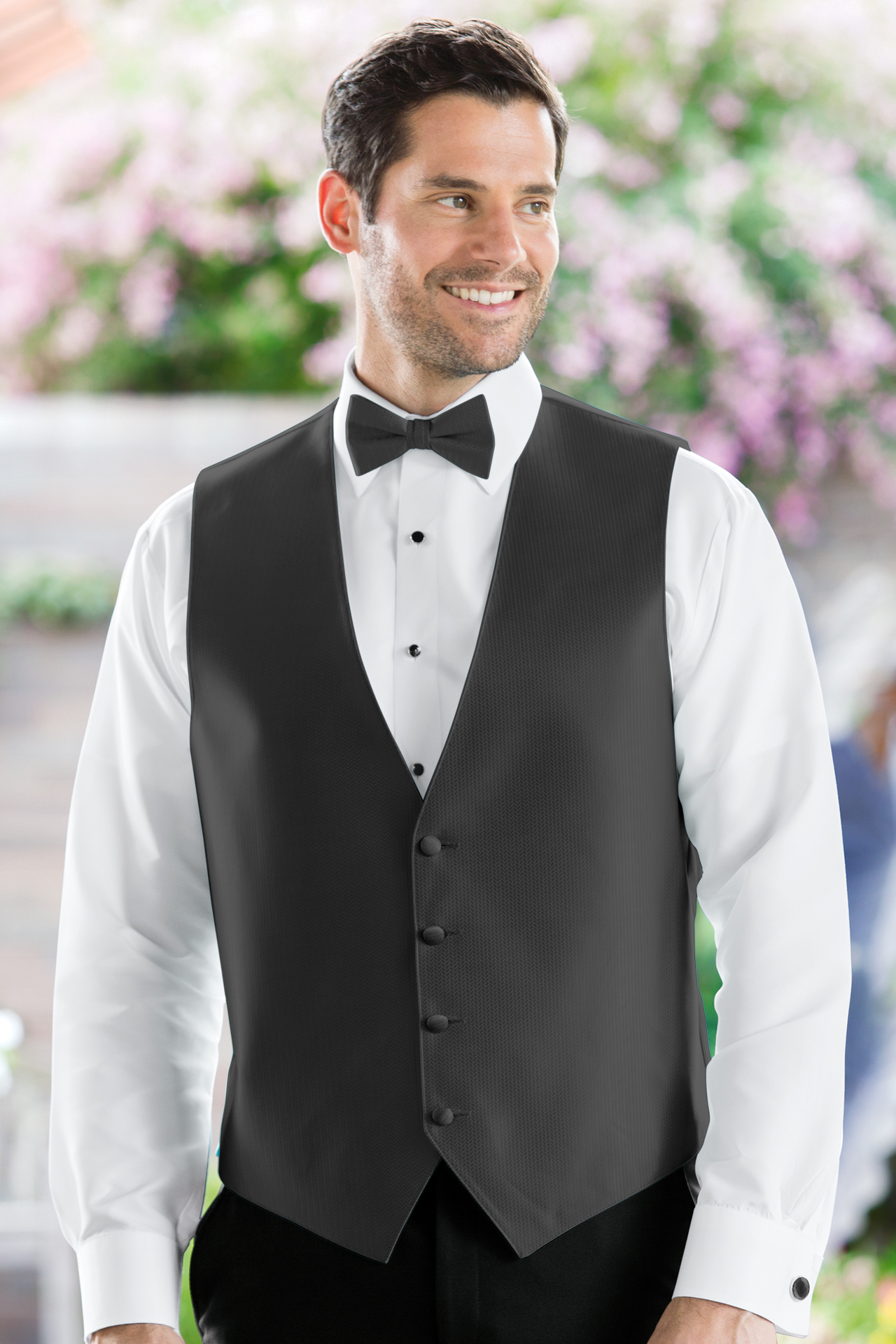 Men's Dark Grey Charcoal Fullback Tuxedo Vest & Tie with Herringbone Pattern 